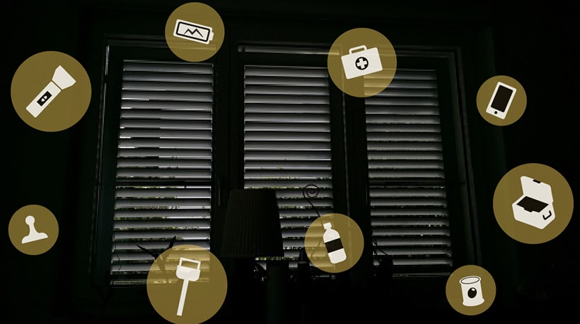 Dark interior photo of window blinds surrounded by graphics of various items such as a flashlight, a phone and water bottle.