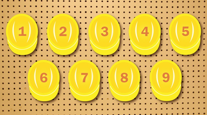 Graphic of nine yellow hardhats hanging from a wall numbered 1-9.