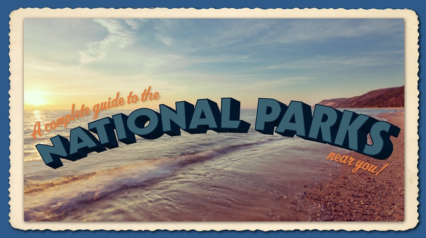 A photograph of a beach with a sunset in the background made to look like a physical postcard. "A complete guide to the national parks near you" is printed over the photograph in a retro block font.