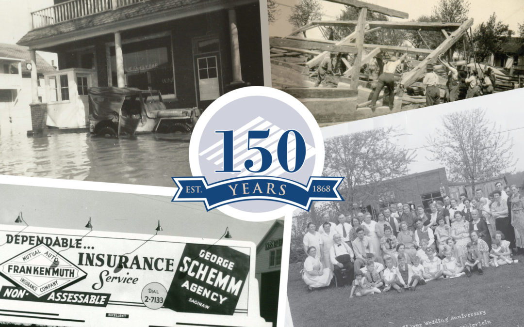 Old photos of Frankenmuth Insurance building and staff collaged together with the 150th Anniversary logo in the middle.